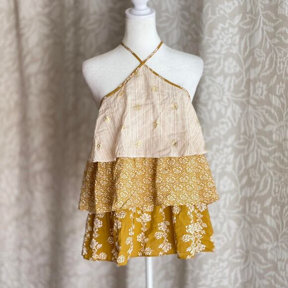 NWT LC Lauren Conrad Boho Ruffle Halter Top Cream Yellow Gold Floral Size S - Picture 2 of 6
